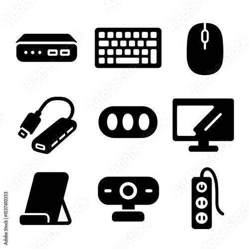 Standing Desk Tech Accessories. Solid, filled icons set of tech accessories for standing desks: docking