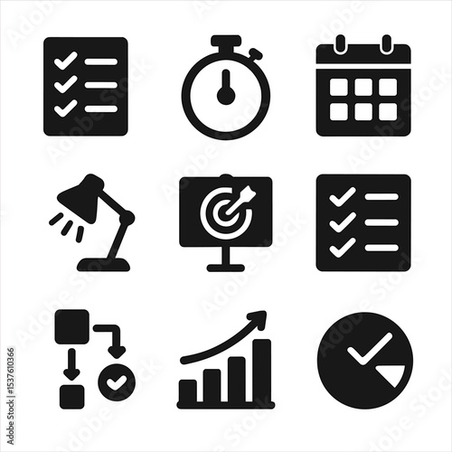 Standing Desk Productivity Icons. Solid, filled icons set of productivity at a standing workstation: to-do