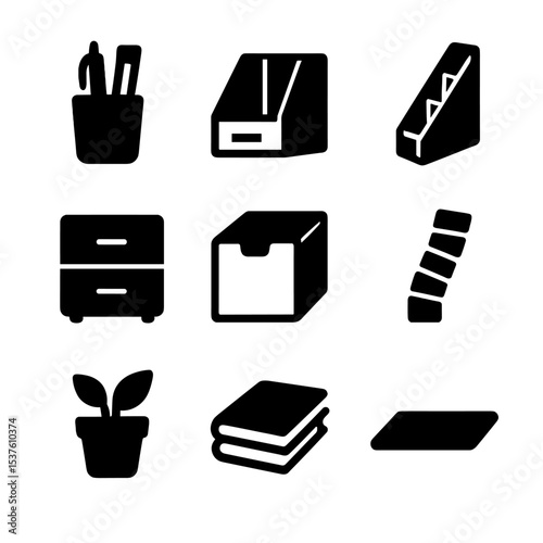 Minimalist Desk Icons. Solid, filled icons set of minimalist desk organization: pen holder, tray divider,