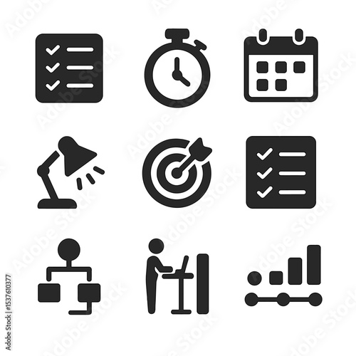 Standing Desk Productivity Icons. Solid, filled icons set of productivity at a standing workstation: to-do