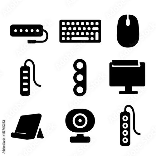 Standing Desk Tech Accessories. Solid, filled icons set of tech accessories for standing desks: docking