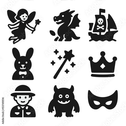 Storybook Icon Collection. Solid, filled icons set of children’s storybook characters: fairy, dragon, pirate