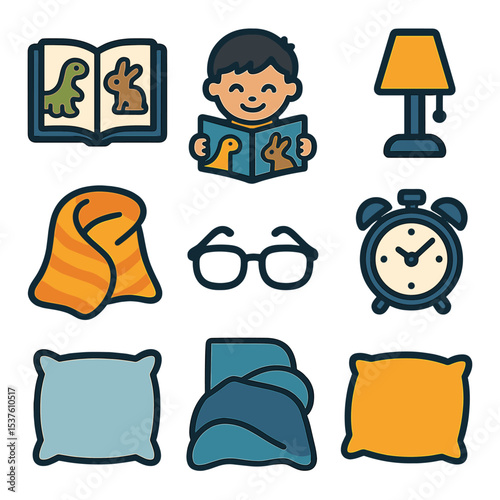 Storytime Icon Set. Solid, filled icons set of a child reading a picture book with bright illustrations: open