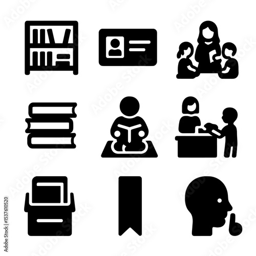 Kids' Library Icons. Solid, filled icons set of library visits for kids: bookshelf, library card, story circle