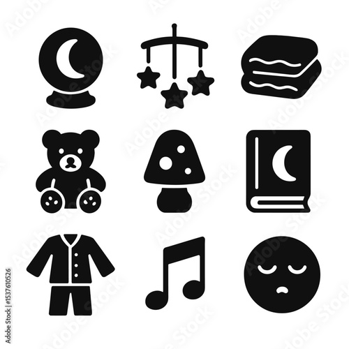 Bedtime Ritual Icons. Solid, filled icons set of bedtime reading rituals: moon lamp, star mobile, warm blanket
