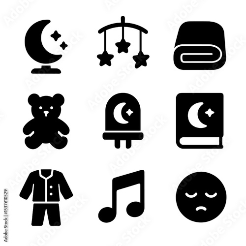 Bedtime Ritual Icons. Solid, filled icons set of bedtime reading rituals: moon lamp, star mobile, warm blanket