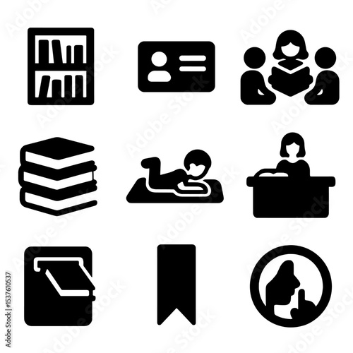 Kids' Library Icons. Solid, filled icons set of library visits for kids: bookshelf, library card, story circle