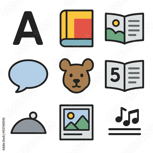 Picture Book Elements. Solid, filled icons set of picture book elements: large font, colorful cover,