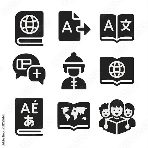 Multilingual Children's Icons. Solid, filled icons set of multilingual children’s books: language globe,