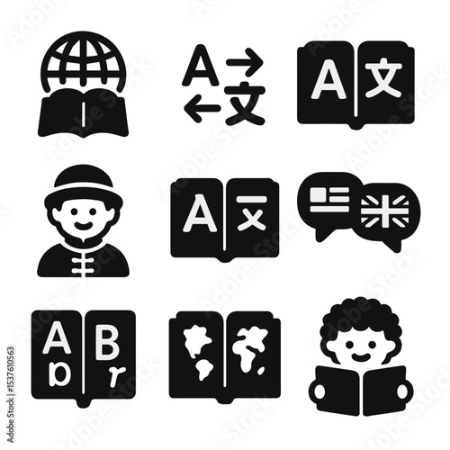 Multilingual Children's Icons. Solid, filled icons set of multilingual children’s books: language globe,