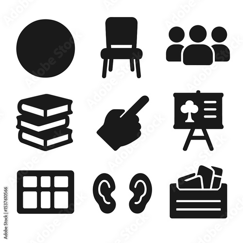 Classroom Reading Icons. Solid, filled icons set of classroom reading time: circle rug, teacher chair, group