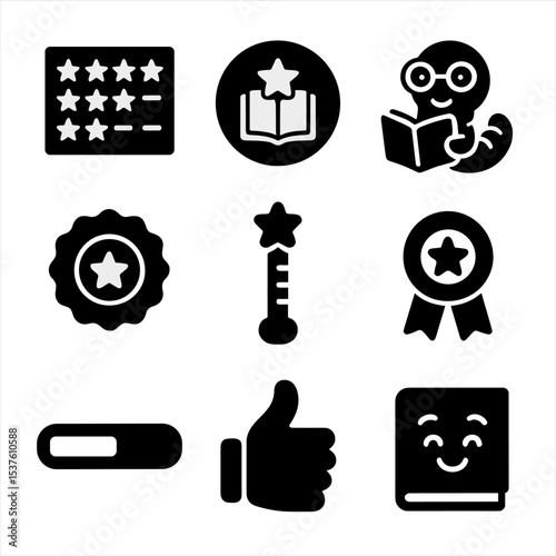 Kids Reading Icons. Solid, filled icons set of reading motivation for kids: star chart, reading badge,