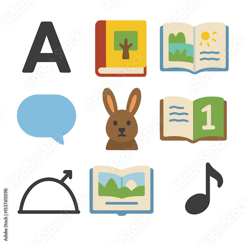 Picture Book Elements. Solid, filled icons set of picture book elements: large font, colorful cover,
