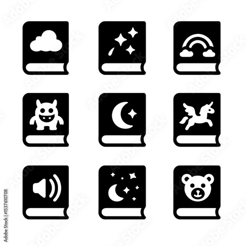 Enchanted Book Icons. Solid, filled icons set of enchanted children's books: dream cloud, stardust trail,