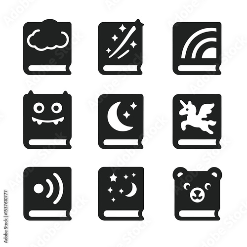 Enchanted Book Icons. Solid, filled icons set of enchanted children's books: dream cloud, stardust trail,