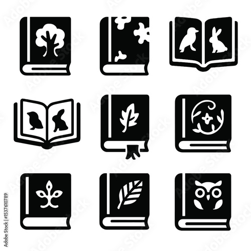 Enchanted Forest Tome Icons. Solid, filled icons set of forest-bound enchanted tomes: tree-carved cover, mossy