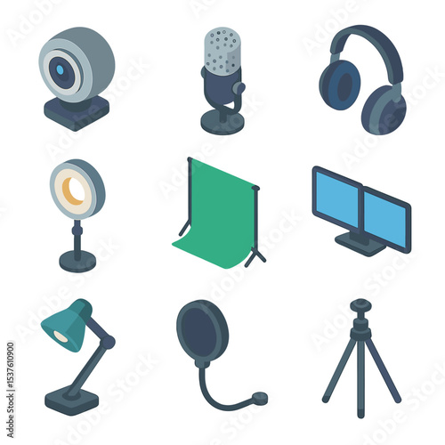 Video Conference Icon Set. Isometric Flat icon set of video conferencing hardware: webcam, microphone, headphones, ring light,