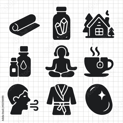 Wellness Retreat Icon Set. Solid, filled icons set of exclusive wellness retreats: yoga mat, crystal water,