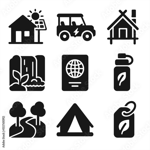 Luxury Eco-Tourism Icons. Solid, filled icons set of luxury eco-tourism: solar villa, electric safari, bamboo