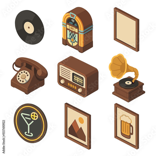 Vintage Bar Decor Icons. Isometric Flat icon set of vintage bar decor: vinyl record, jukebox, poster frame, rotary phone, antique