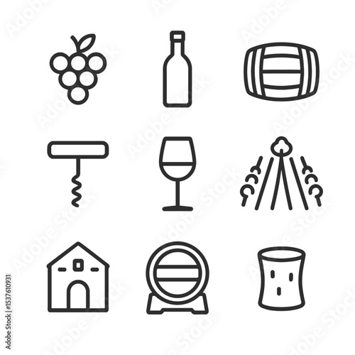 Vineyard Tour Icons. Outline icon set of vineyard and winery cycling tours: grape cluster, wine bottle, barrel, corkscrew, tasting