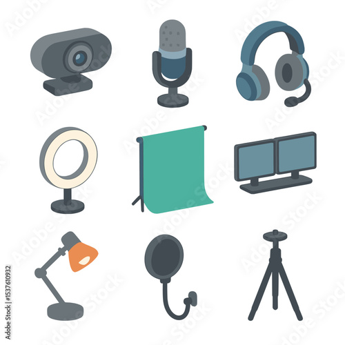 Video Conference Icon Set. Isometric Flat icon set of video conferencing hardware: webcam, microphone, headphones, ring light,