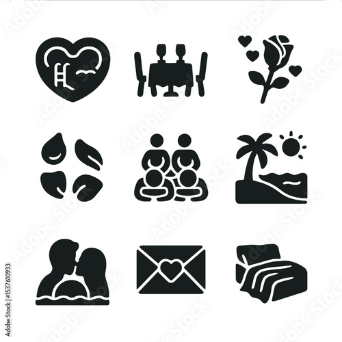 Romantic Getaway Icons. Solid, filled icons set of romantic luxury getaways: heart-shaped pool, candlelit