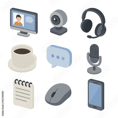 Virtual Coffee Chat Icons. Isometric Flat icon set of virtual coffee chat: computer monitor, webcam, headset, coffee cup, chat