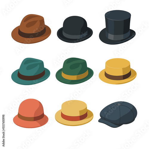 Vintage Hat Icons. Isometric Flat icon set of vintage hat styles: fedora, bowler hat, top hat, trilby, homburg, pork pie hat,