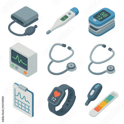 Vital Signs Icon Set. Isometric Flat icon set of vital signs monitoring: blood pressure cuff, thermometer, pulse oximeter, ECG