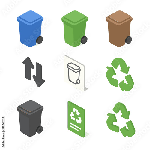 Waste Sorting Icons. Isometric Flat icon set of waste sorting regulations: blue bin, green bin, yellow bin, brown bin, grey bin,