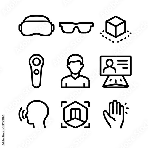 VR AR Office Icons. Outline icon set of VR and AR office experiences: VR headset, AR glasses, 3D model, hand controller, virtual