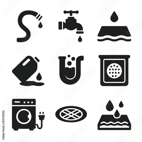 Laundry Issues Icons. Solid, filled icons set of common laundry room issues: leaking hose, faulty valve, wet