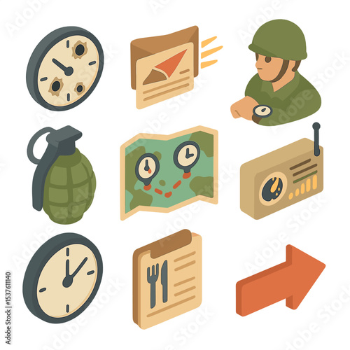 Wartime Icons Collection. Isometric Flat icon set of wartime time compression: battlefield clock with bullet holes, urgent