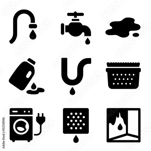 Laundry Issues Icons. Solid, filled icons set of common laundry room issues: leaking hose, faulty valve, wet