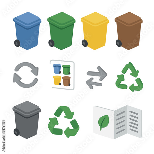 Waste Sorting Icons. Isometric Flat icon set of waste sorting regulations: blue bin, green bin, yellow bin, brown bin, grey bin,