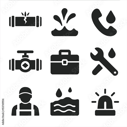 Plumbing Emergency Icons. Solid, filled icons set of plumbing emergencies: burst pipe, water splash, emergency