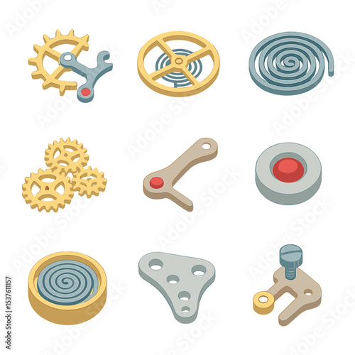Watch Movement Icons. Isometric Flat icon set of mechanical watch movements: escapement wheel, balance wheel, mainspring, gear