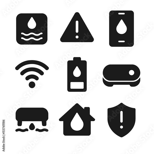 Smart Home Icons. Solid, filled icons set of smart home water sensors: water sensor, alert notification,