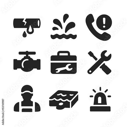 Plumbing Emergency Icons. Solid, filled icons set of plumbing emergencies: burst pipe, water splash, emergency