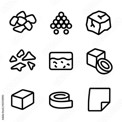 Wax Types Icon Set. Outline icon set of wax types: soy wax flake, beeswax pellet, paraffin chunk, palm wax flake, gel wax block,