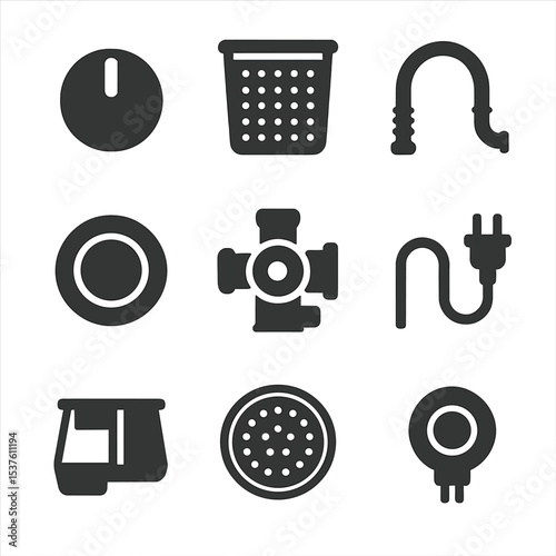 Laundry Appliance Icons. Solid, filled icons set of laundry appliance parts: control knob, lint filter, drain