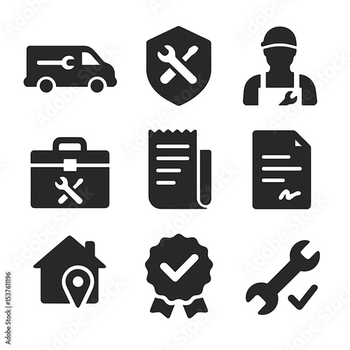Appliance Repair Icons. Solid, filled icons set of professional appliance repair service: service van, repair