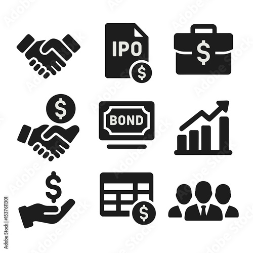 Investment Banking Icons. Solid, filled icons set of investment banking tools: M\&A icon, IPO file, investment