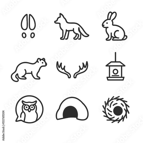 Winter Wildlife Icons. Outline icon set of winter wildlife encounters: deer track, fox silhouette, snowshoe hare, pine marten,
