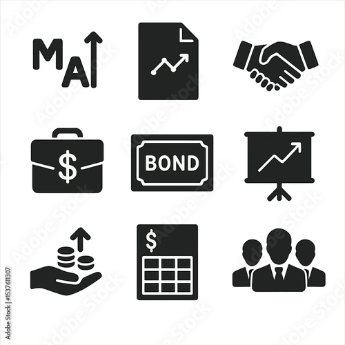 Investment Banking Icons. Solid, filled icons set of investment banking tools: M\&A icon, IPO file, investment