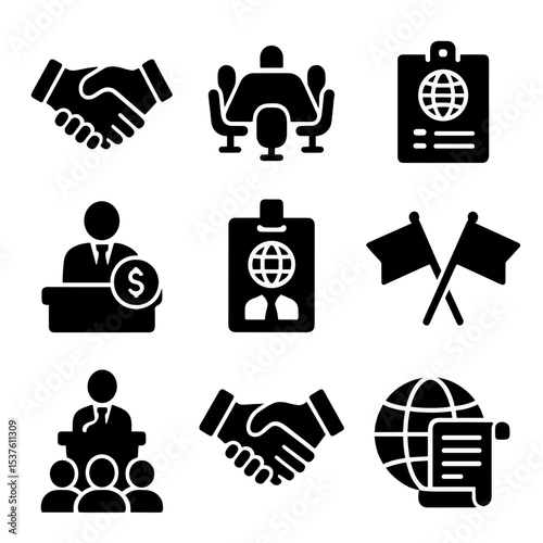 Economic Summit Icons. Solid, filled icons set of international economic summits: handshake icon, conference