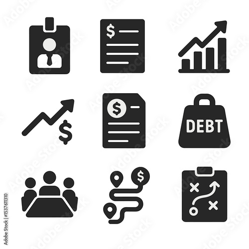 Corporate Finance Icons. Solid, filled icons set of corporate finance operations: CFO badge, income statement,