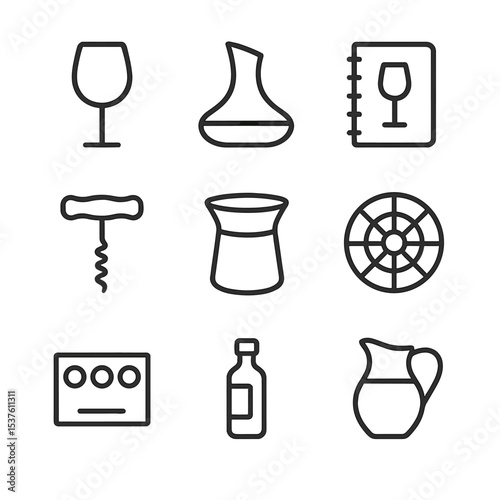 Wine Tasting Icons. Outline icon set of wine tasting essentials: wine glass, decanter, tasting notebook, corkscrew, spittoon,