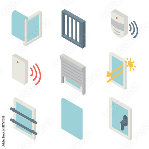Window Security Icons. Isometric Flat icon set of preventive window measures: security film, window grate, motion sensor, window